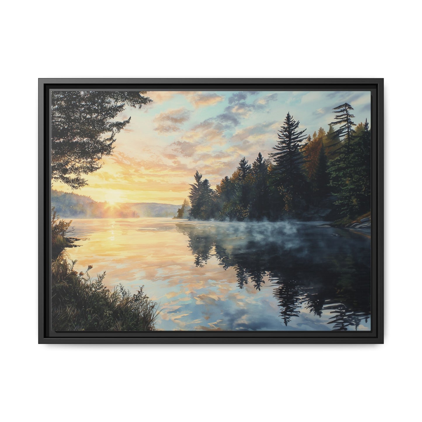 Sunrise Lake Framed Canvas Print — Forest Reflection Wall Art