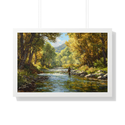 River Fly Fishing Art Print for Cabin & Living Room - Framed Landscape Print