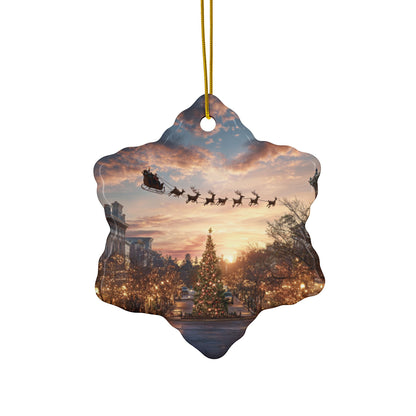 Christmas Street Scene Ceramic Ornament — Santa Sleigh 2-Sided Holiday Decoration