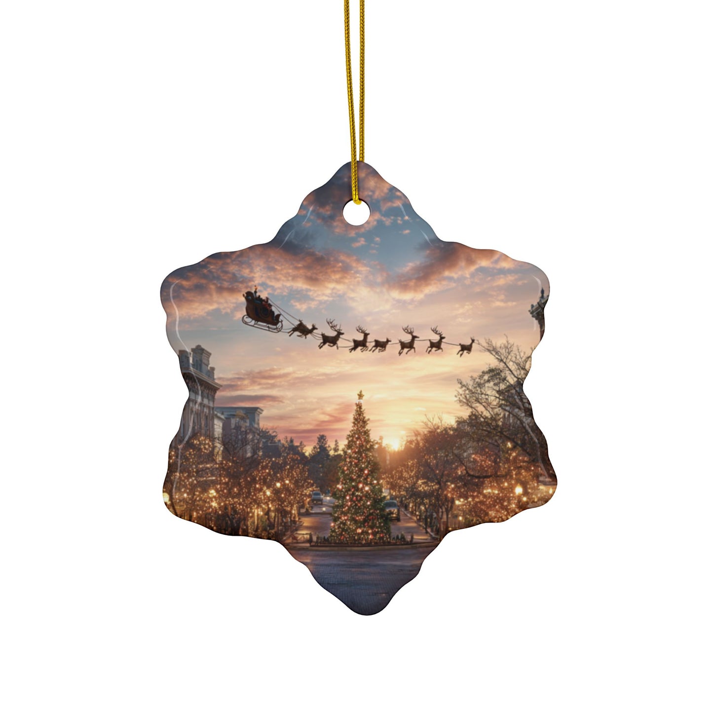 Christmas Street Scene Ceramic Ornament — Santa Sleigh 2-Sided Holiday Decoration