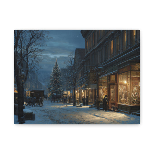 Victorian Christmas Street Canvas — Snowy Night Holiday Wall Art