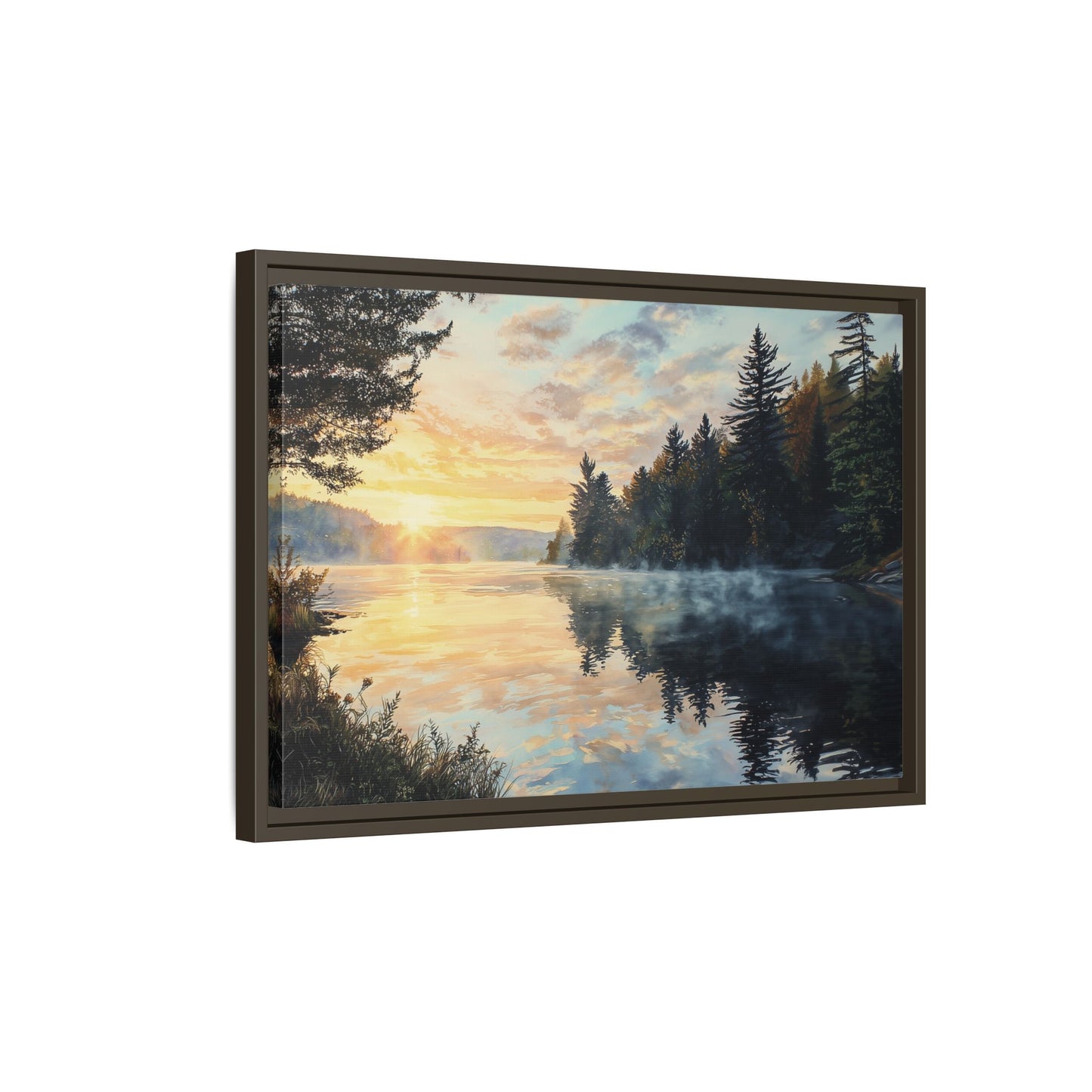 Sunrise Lake Framed Canvas Print — Forest Reflection Wall Art