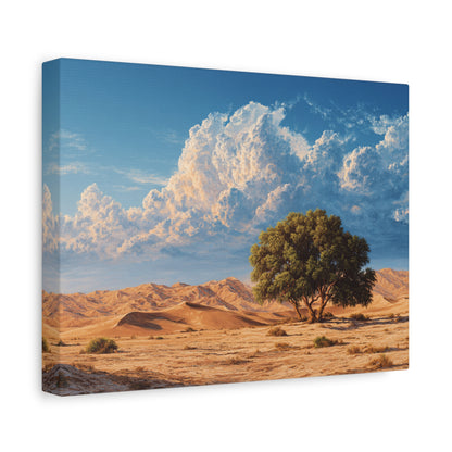 Desert Solitude Canvas Print — Lone Tree in Golden Dunes Matte Stretched Wall Art