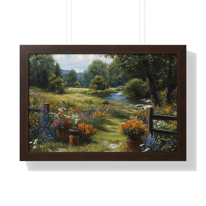 Serene Country Meadow Landscape Print - Framed Print