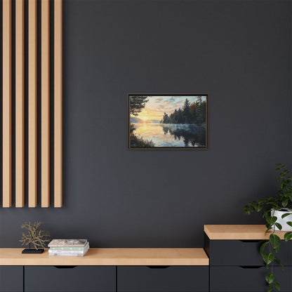 Sunrise Lake Framed Canvas Print — Forest Reflection Wall Art