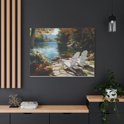 Canvas Print - Lakeside Adirondack Chairs Scenic Wall Art (Matte Stretched)