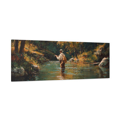 Vintage Fly Fisherman River Scene Matte Stretched Canvas (1.25")