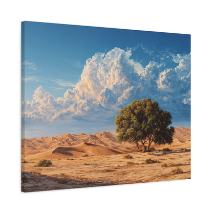 Desert Solitude Canvas Print — Lone Tree in Golden Dunes Matte Stretched Wall Art