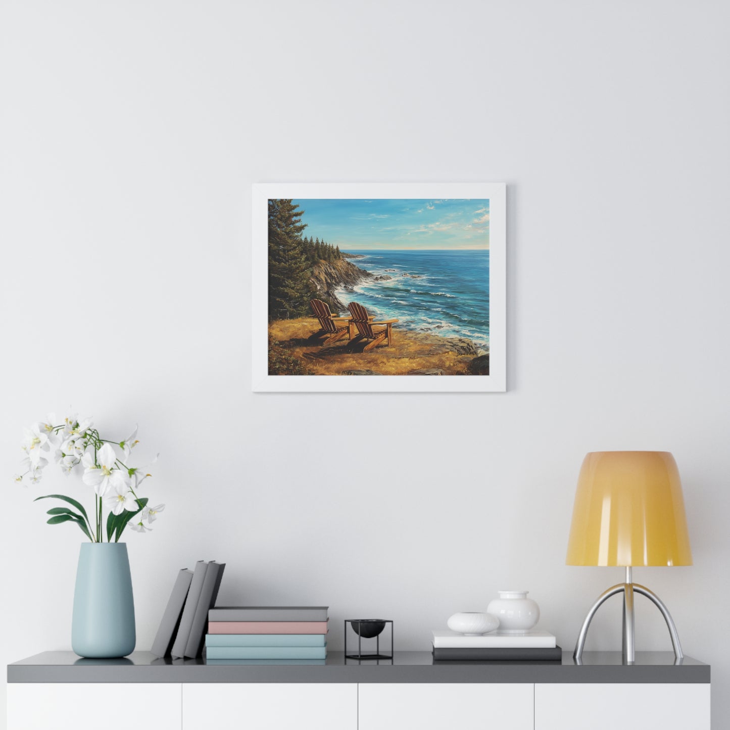 Coastal Clifftop Adirondack Chairs Framed Print — Beach Landscape Wall Art