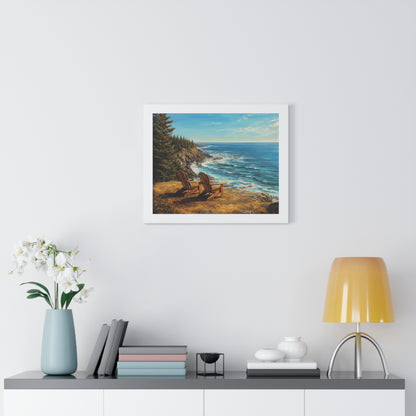 Coastal Clifftop Adirondack Chairs Framed Print — Beach Landscape Wall Art