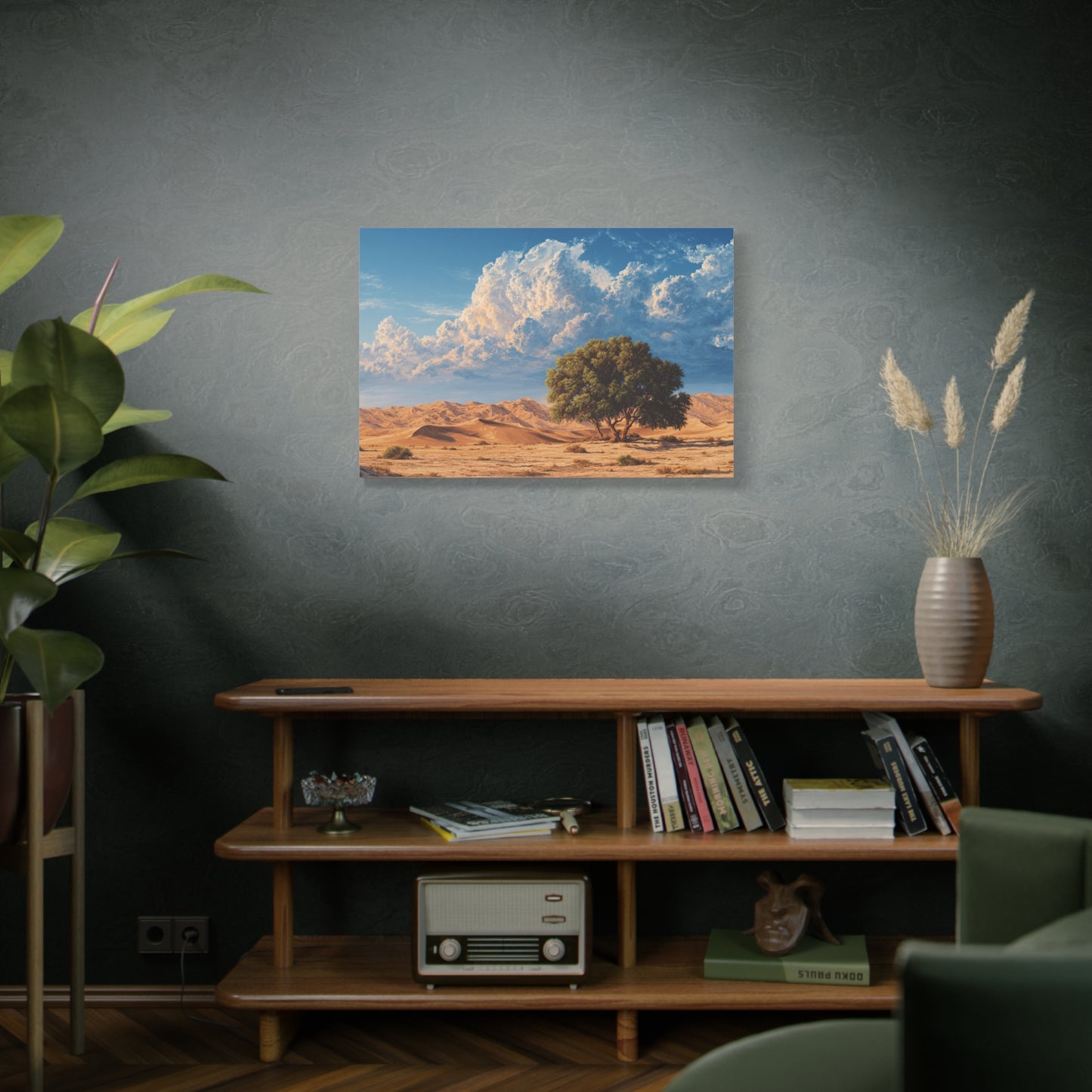 Desert Solitude Canvas Print — Lone Tree in Golden Dunes Matte Stretched Wall Art