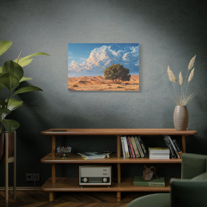 Desert Solitude Canvas Print — Lone Tree in Golden Dunes Matte Stretched Wall Art
