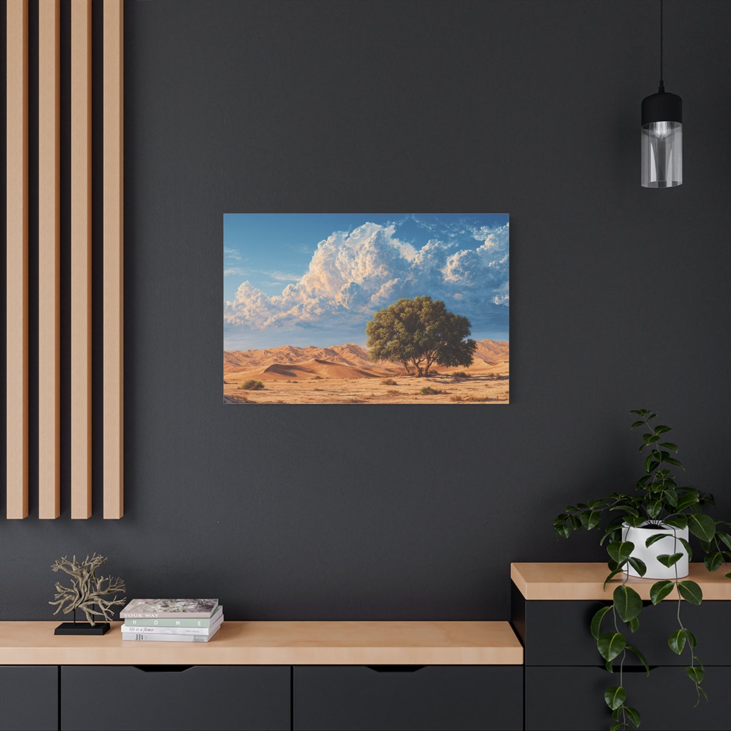 Desert Solitude Canvas Print — Lone Tree in Golden Dunes Matte Stretched Wall Art