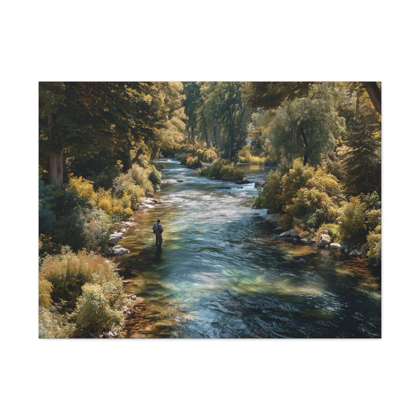 River Fishing Canvas Wall Art — Serene Forest Stream Matte Stretched Print