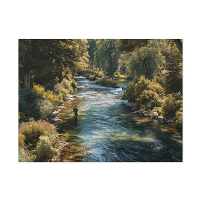 River Fishing Canvas Wall Art — Serene Forest Stream Matte Stretched Print