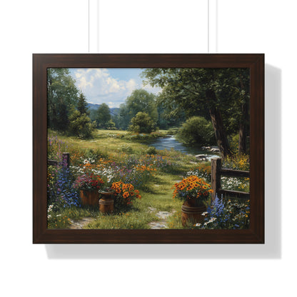 Serene Country Meadow Landscape Print - Framed Print
