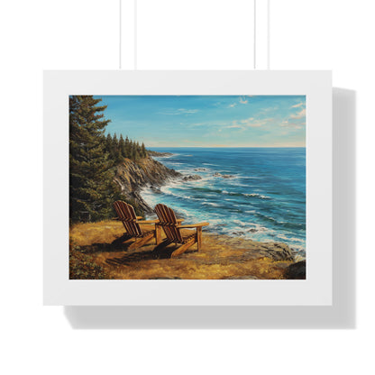 Coastal Clifftop Adirondack Chairs Framed Print — Beach Landscape Wall Art