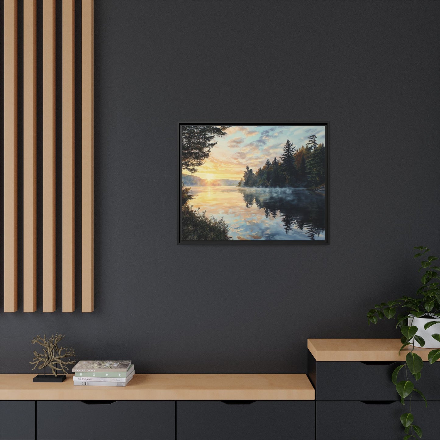 Sunrise Lake Framed Canvas Print — Forest Reflection Wall Art