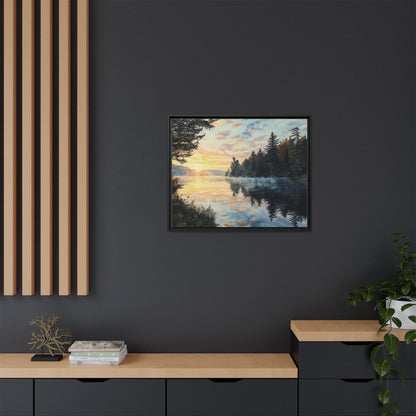 Sunrise Lake Framed Canvas Print — Forest Reflection Wall Art