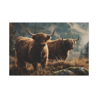 Highland Cow Canvas Print – Rustic Scottish Cattle Landscape Wall Art