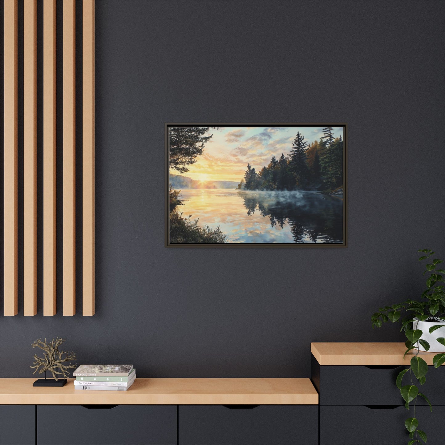 Sunrise Lake Framed Canvas Print — Forest Reflection Wall Art