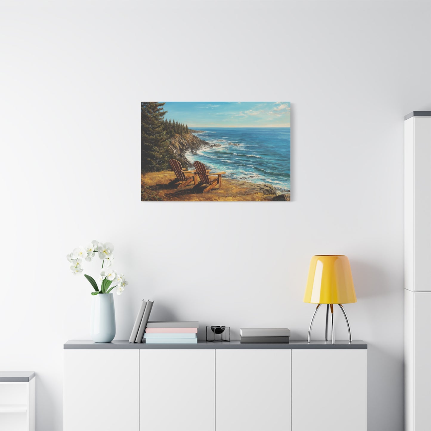 Coastal Cliffs Canvas Wall Art — Adirondack Chairs Overlooking Ocean Seascape