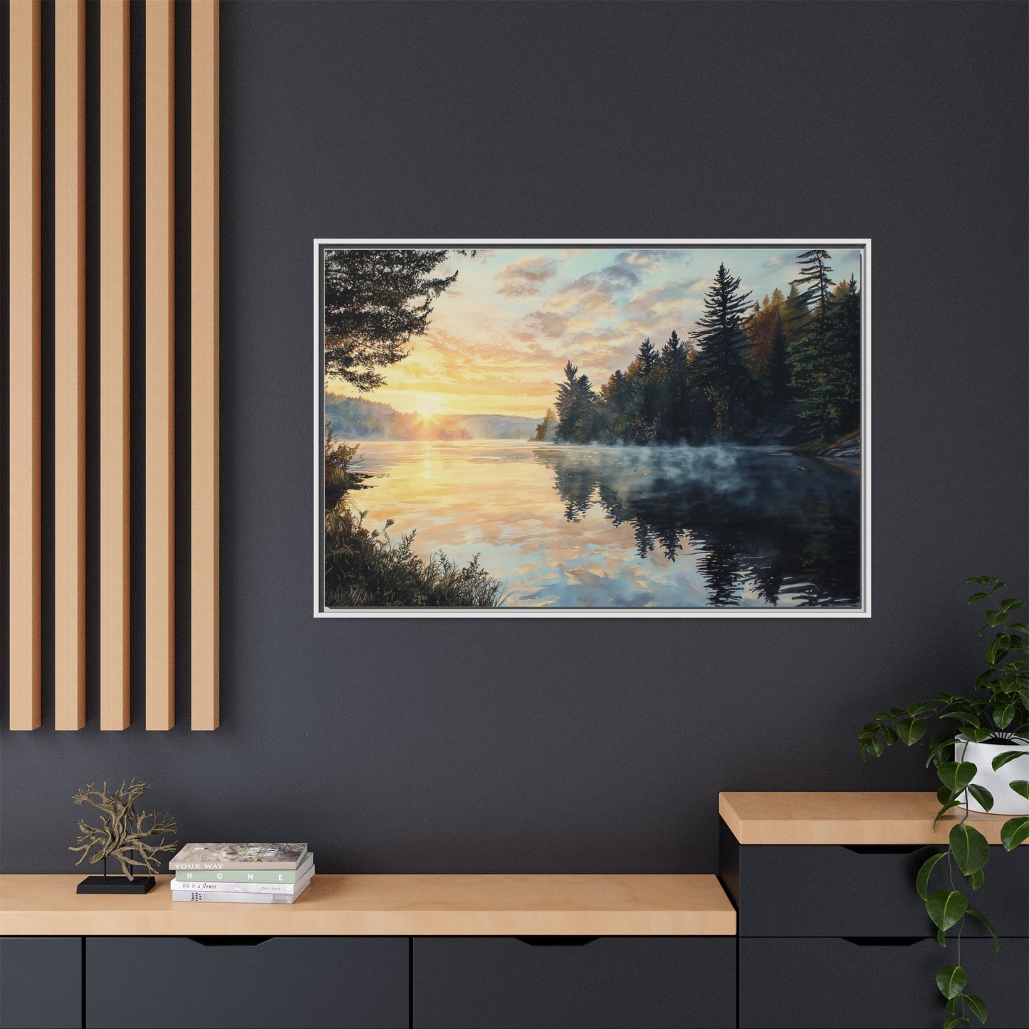 Sunrise Lake Framed Canvas Print — Forest Reflection Wall Art