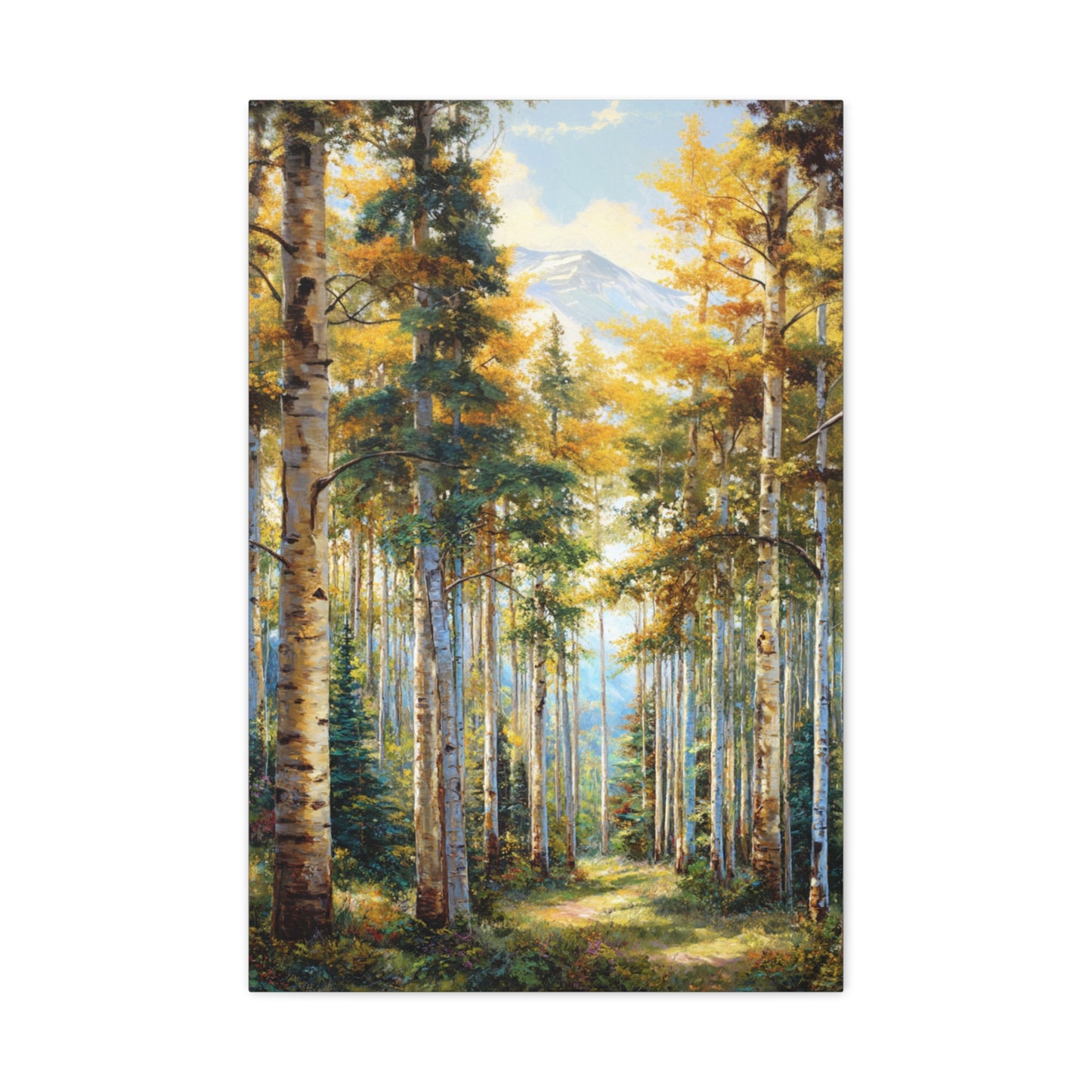 Aspen Forest Path Vertical Canvas Print — Serene Woodland Wall Art