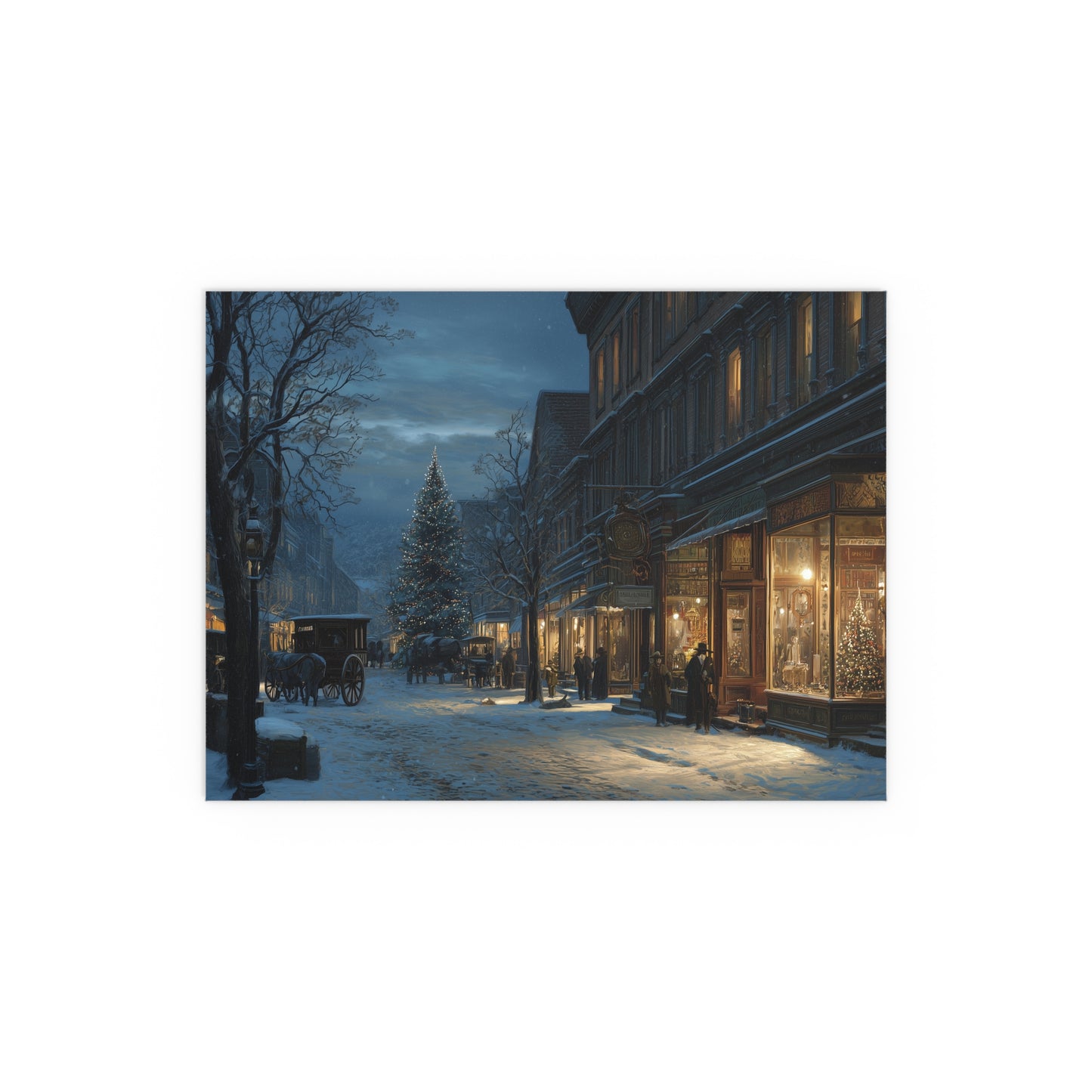 Victorian Christmas Street Silk Paper Print — Snowy Night Holiday Print