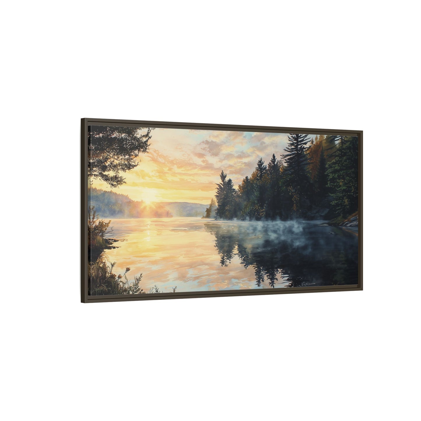 Sunrise Lake Framed Canvas Print — Forest Reflection Wall Art