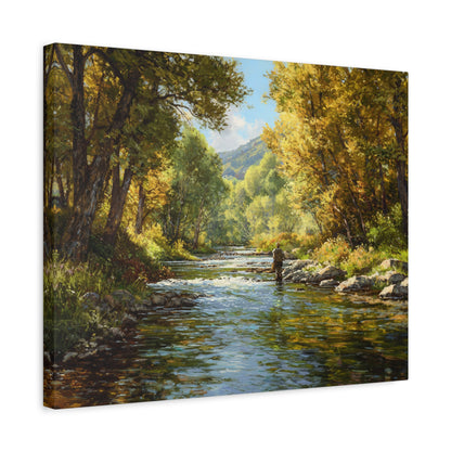 Autumn River Fly Fishing Matte Stretched Canvas