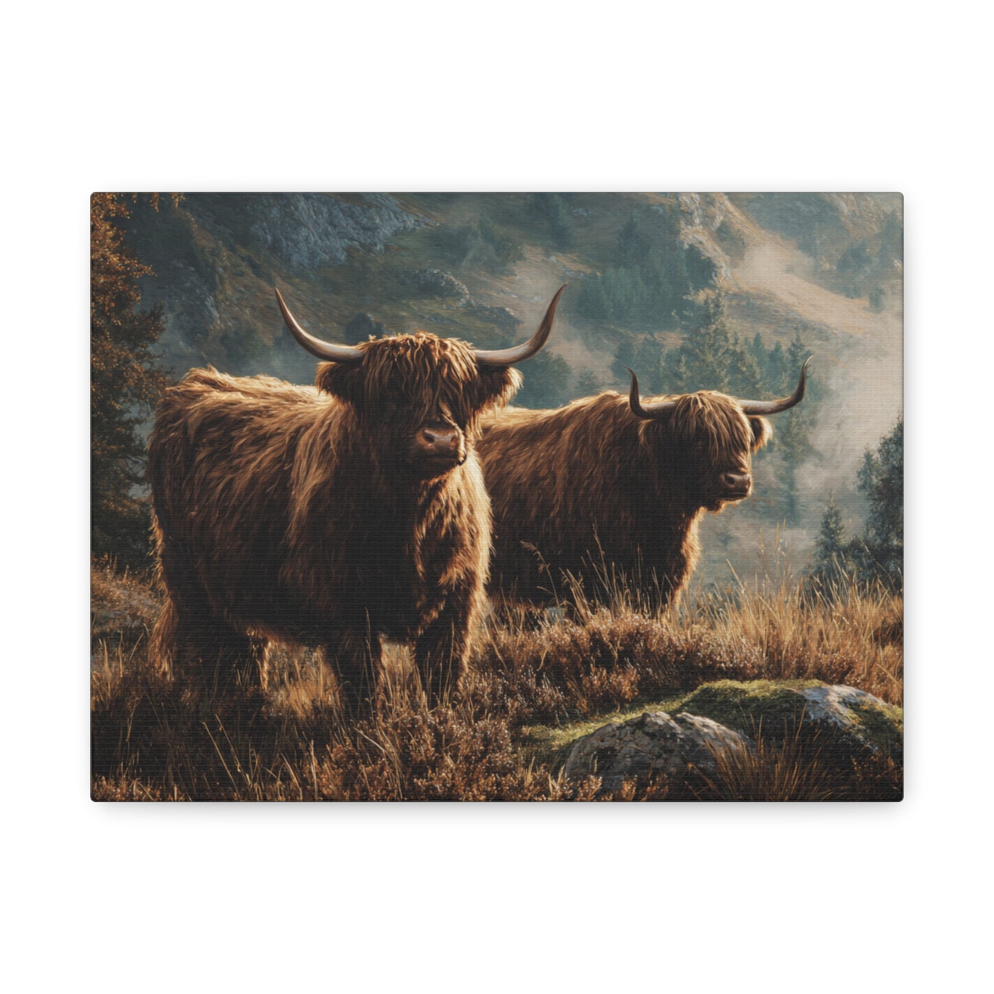 Highland Cow Canvas Print – Rustic Scottish Cattle Landscape Wall Art