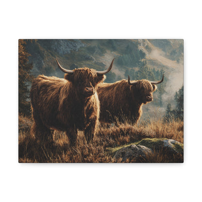 Highland Cow Canvas Print – Rustic Scottish Cattle Landscape Wall Art