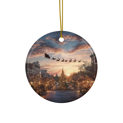 Christmas Street Scene Ceramic Ornament — Santa Sleigh 2-Sided Holiday Decoration