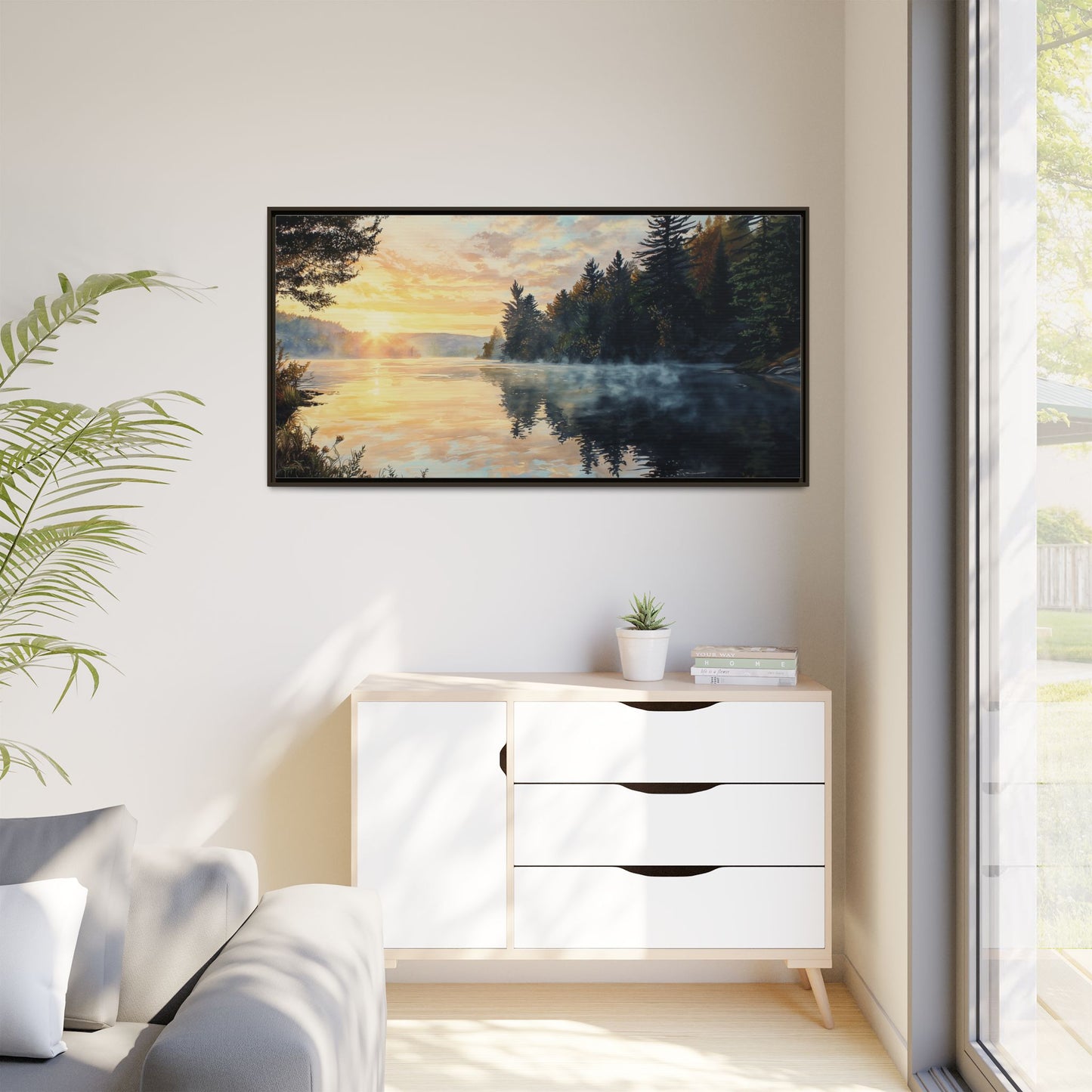 Sunrise Lake Framed Canvas Print — Forest Reflection Wall Art