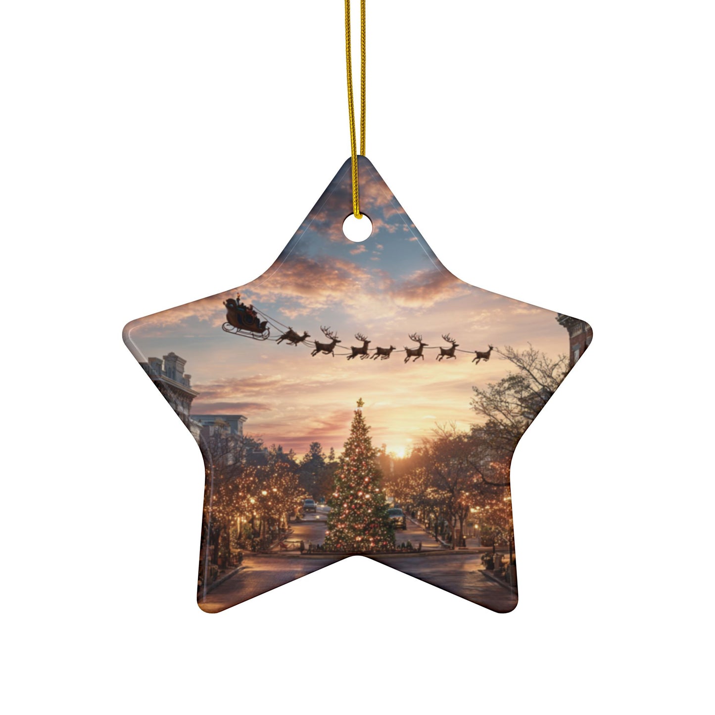 Christmas Street Scene Ceramic Ornament — Santa Sleigh 2-Sided Holiday Decoration
