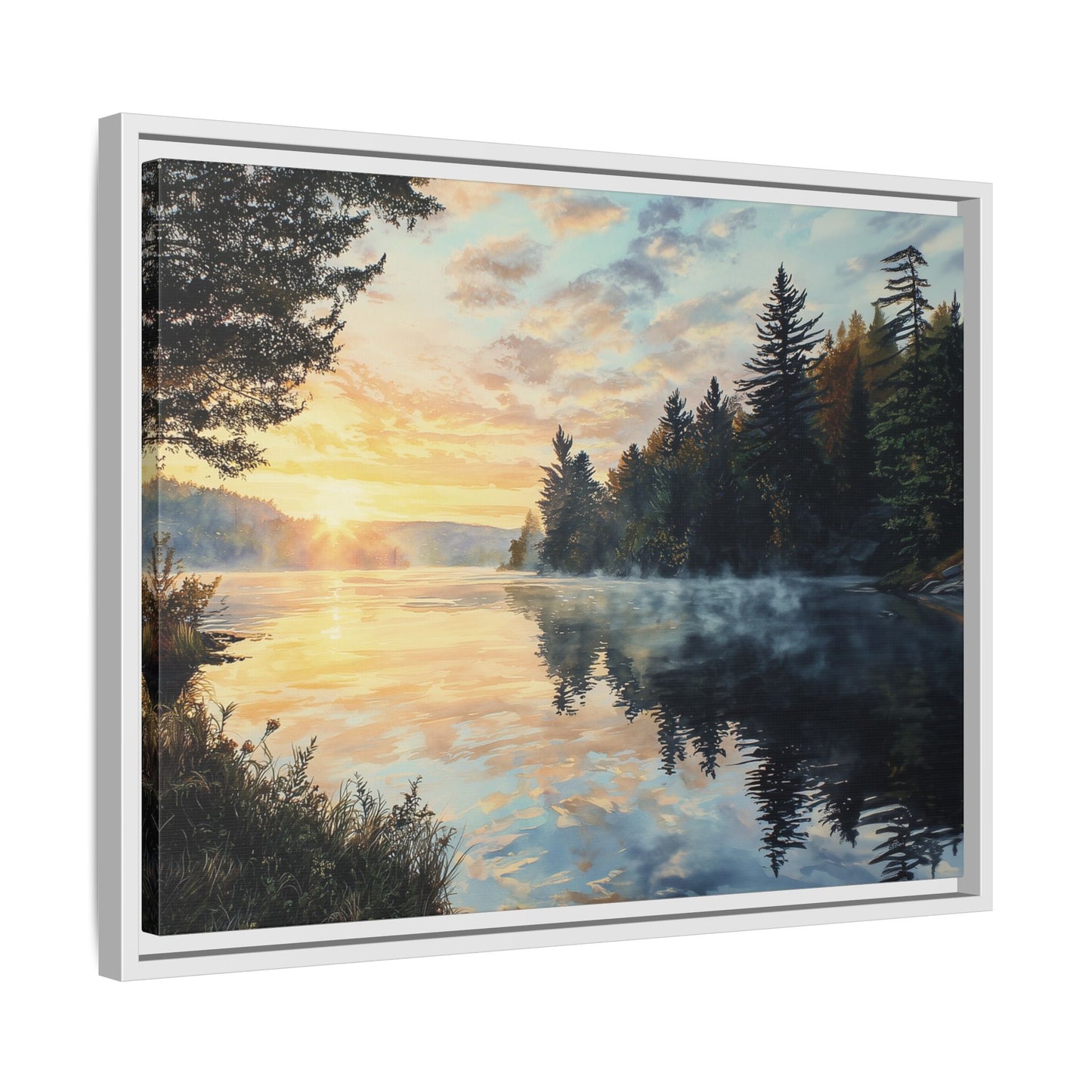 Sunrise Lake Framed Canvas Print — Forest Reflection Wall Art