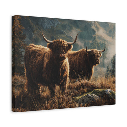Highland Cow Canvas Print – Rustic Scottish Cattle Landscape Wall Art