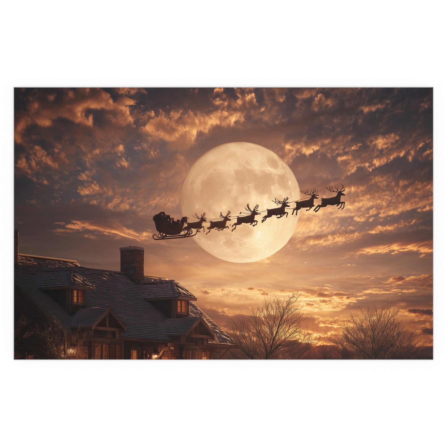 Santa’s Sleigh Over Full Moon Silk Paper Print — Indoor & Outdoor Holiday Wall Art