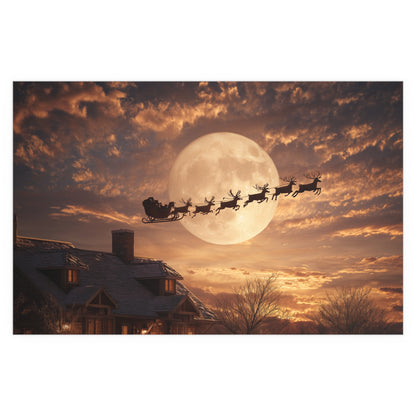 Santa’s Sleigh Over Full Moon Silk Paper Print — Indoor & Outdoor Holiday Wall Art