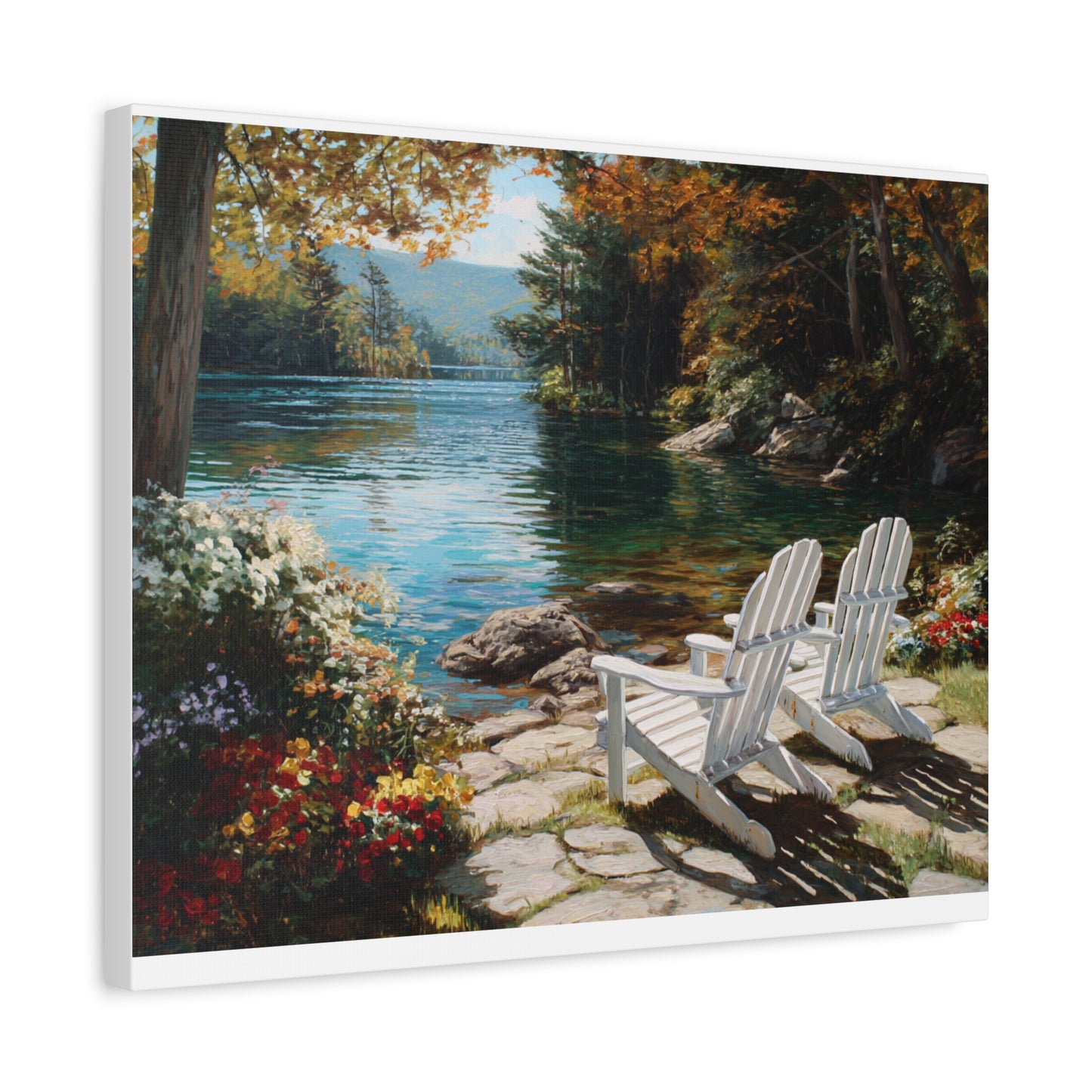Canvas Print - Lakeside Adirondack Chairs Scenic Wall Art (Matte Stretched)