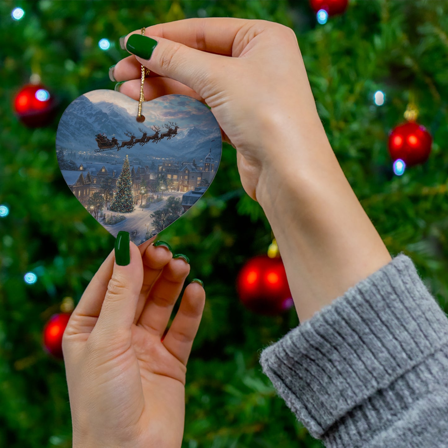 Star Ceramic Ornament – Santa Over Snowy Village Christmas Tree Holiday Decoration