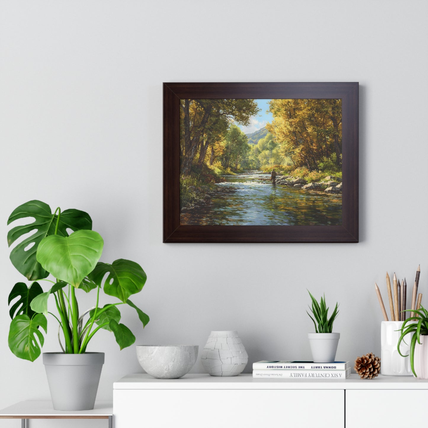 River Fly Fishing Art Print for Cabin & Living Room - Framed Landscape Print