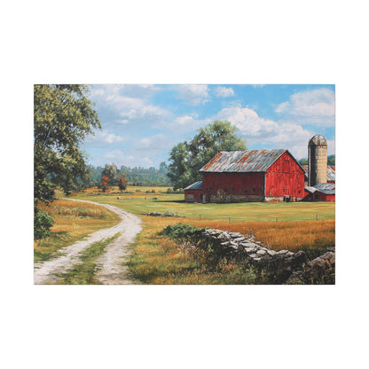 Country Farmhouse Canvas Wall Art — Red Barn Road Landscape Matte Stretched Print