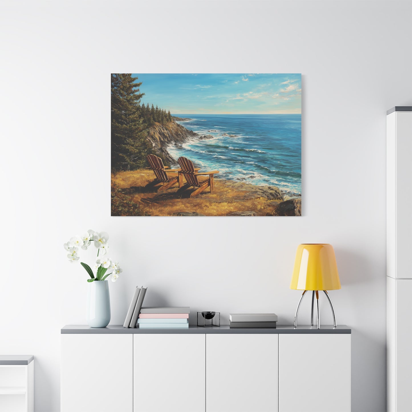 Coastal Cliffs Canvas Wall Art — Adirondack Chairs Overlooking Ocean Seascape