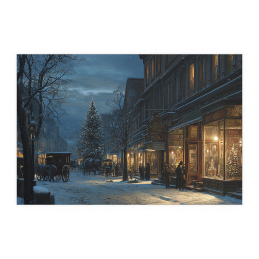 Victorian Christmas Street Silk Paper Print — Snowy Night Holiday Print