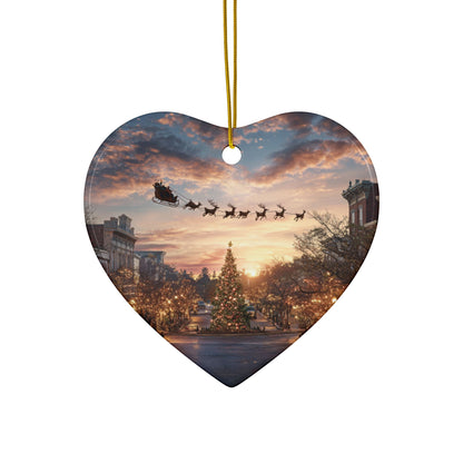 Christmas Street Scene Ceramic Ornament — Santa Sleigh 2-Sided Holiday Decoration