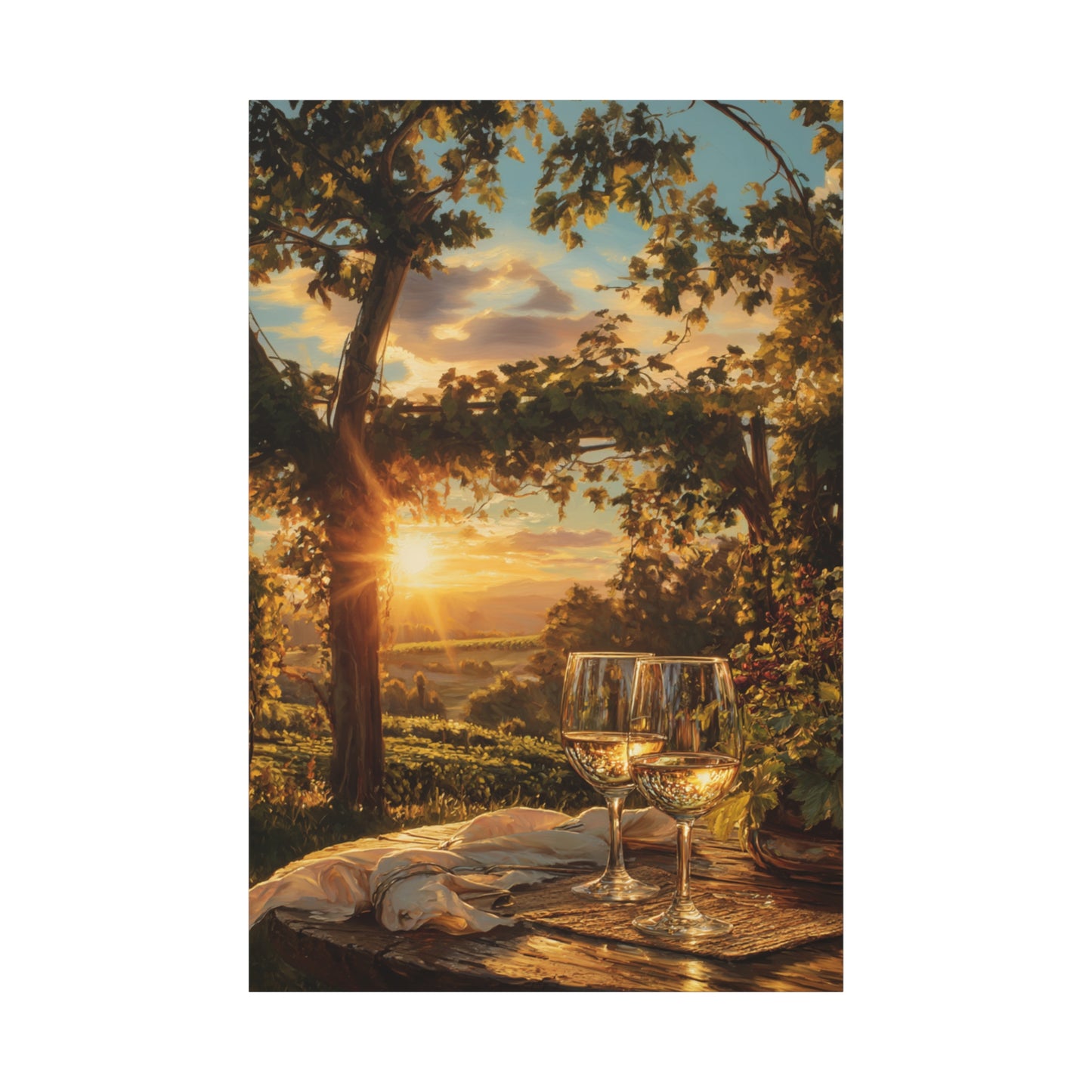 Sunset Vineyard Canvas Wall Art – Wineglass Landscape Matte Stretched Print
