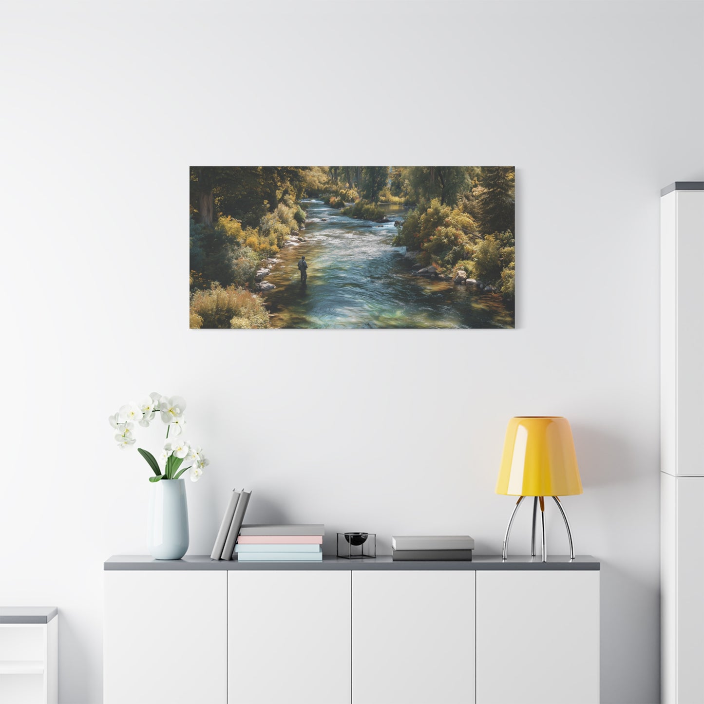 River Fishing Canvas Wall Art — Serene Forest Stream Matte Stretched Print