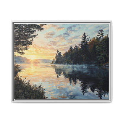 Sunrise Lake Framed Canvas Print — Forest Reflection Wall Art